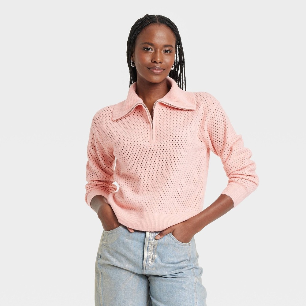 Universal Thread Pink Knit Mesh Collar Quarter Zip Pullover Sweater Size M
